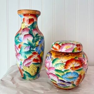 Famille Rose Floral Ceramic Vase and Jar Set